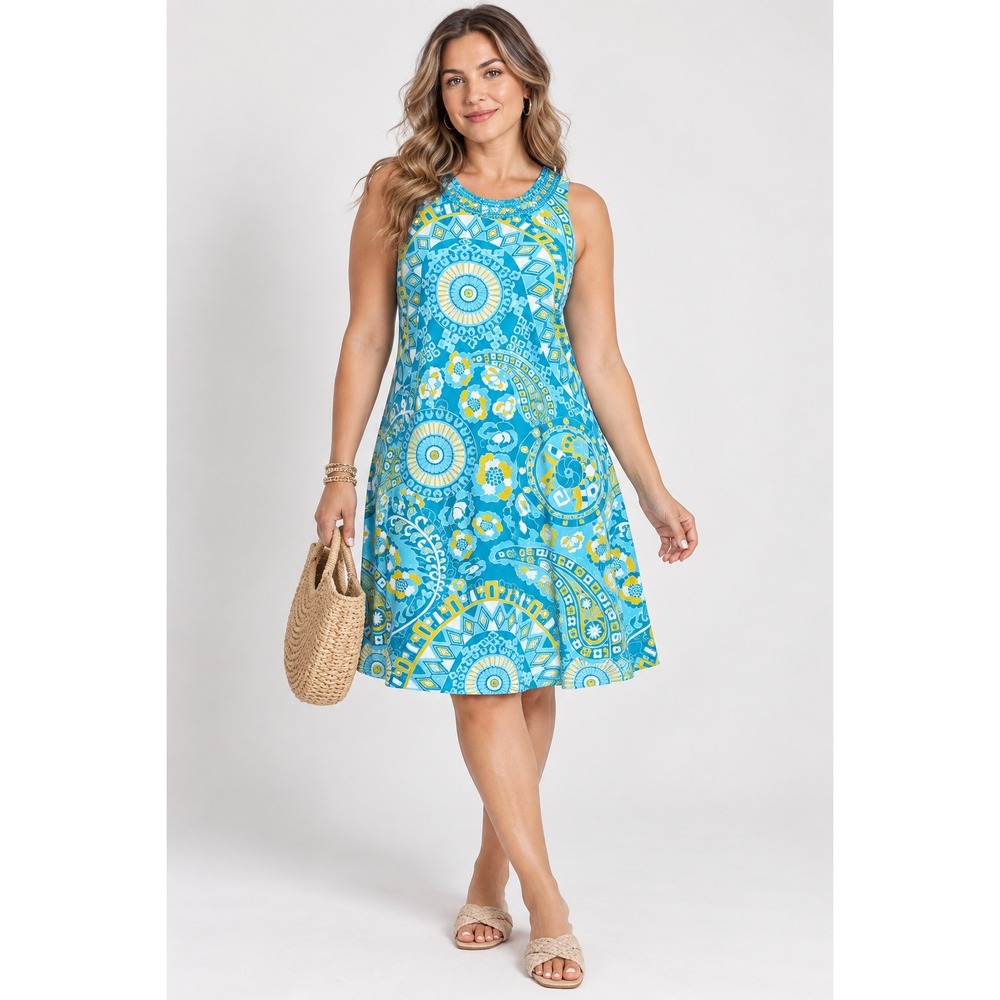 Joyous & Free Turquoise Yellow Beaded Neck Geometric Print Shift Dress Large